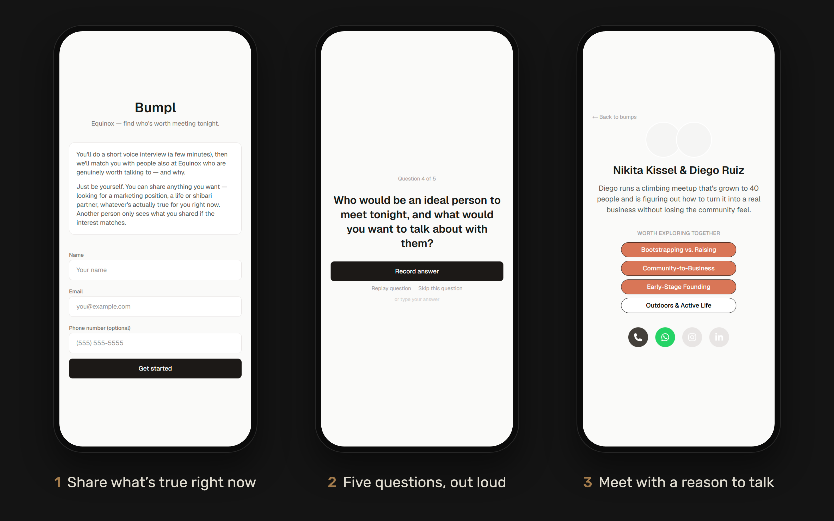 Three Bump screens: joining the event, answering a voice question, and a match with topics worth exploring together